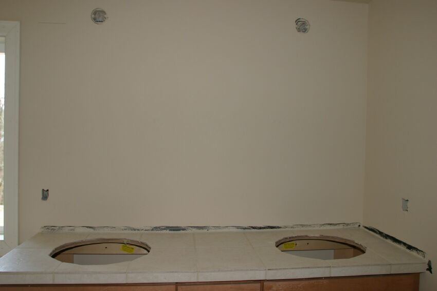 Slate tile on the double vanity in the master bath